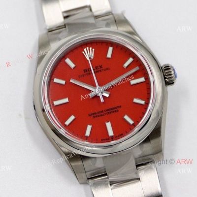 EW Factory 31mm Swiss Replica Rolex Oyster Perpetual Watch Stainless Steel Coral Red Face